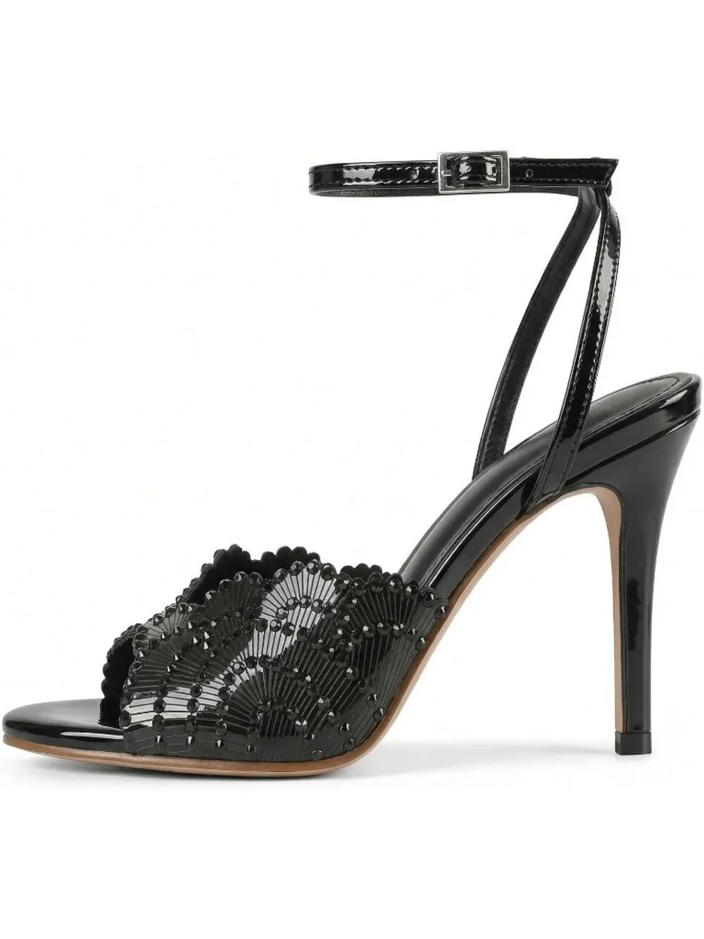 Women's Black Rhinestone High Heel Sandals Round Open Toe Sparkly High Heels